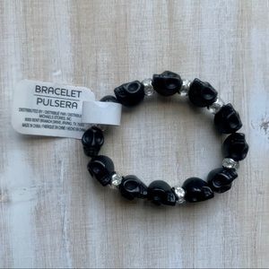 Michaels Black Onyx Carved Stone Skull White Rhinestone Spacer Stretch Bracelet